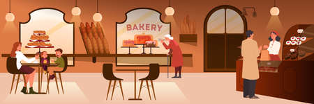 People having lunch in bakery. Family spend time together, cafeteria interior. Vector illustration in cartoon styleのイラスト素材