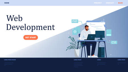 Website development horizontal banner. Web page programming and making responsive interface on computer. Programming and coding, website creation. Computer technology. Vector illustrationのイラスト素材