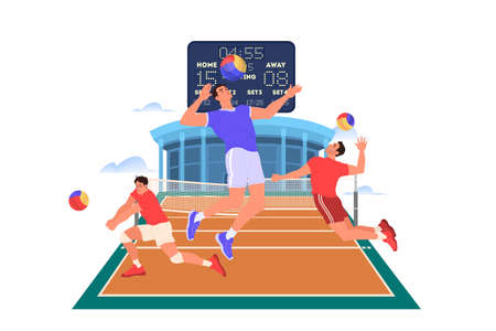Volleyball player jumping and hitting a ball. Volleyball player training. Athlete on the stadium. Championship tournament, team sport concept. Isolated vector illustration in cartoon styleのイラスト素材