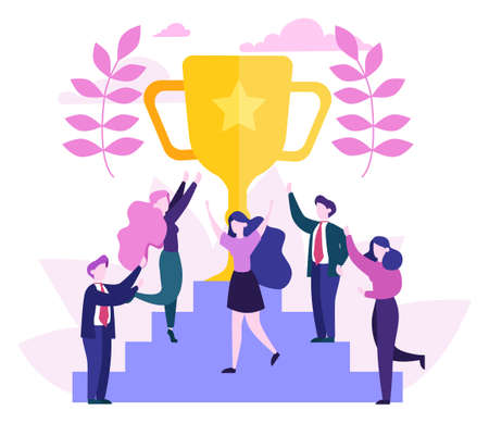 Success web banner concept. Winning in competition. Getting reward or prize for achievement. Goal, inspiration, hard work and result. Golden trophy cup and people. Isolated flat vector illustrationのイラスト素材