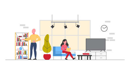 Business lunch at office rest room. Office situation. Colleagues having a rest, talking and eating. Female and male characters having a break at the work place. Isolated flat illustrationのイラスト素材