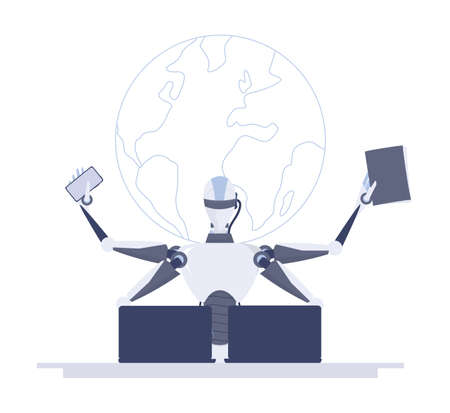 Robot in office. Artificial intelligence works faster and better than human. Deadline and multitasking idea. Modern robotic technology concept. Vector illustrationのイラスト素材