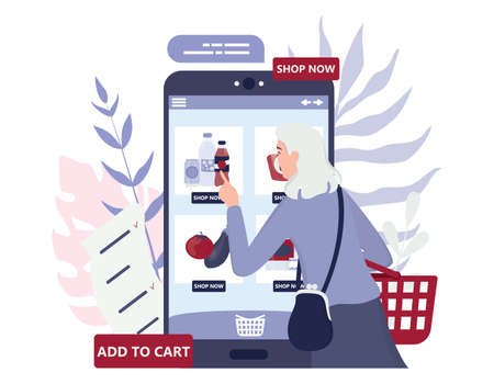 Online shopping using devices. Modern technology, internet and e-commerce web banner. Mobile marketing and PPC technology. Customer service and delivery. Isolated flat vector illustrationのイラスト素材
