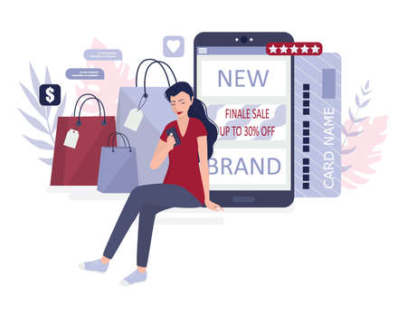 Online shopping using devices. Modern technology, internet and e-commerceのイラスト素材