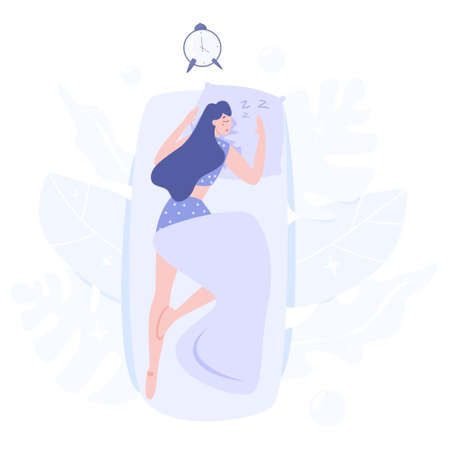 Woman sleeping. Person rest in the bed on the pillow late at night. Peaceful dream and relax. Vector illustration in cartoon styleのイラスト素材