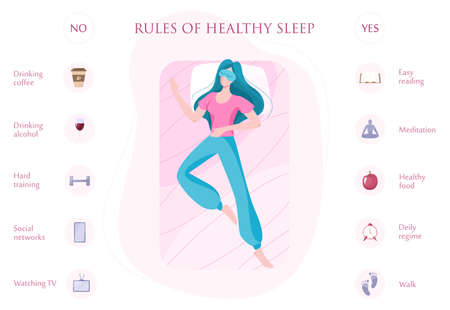 Rules of good healthy sleep at the night. List of advice to get rid of insomnia. Helpful brochure with guideline. Recommendation for good slepping. Flat illustrationのイラスト素材