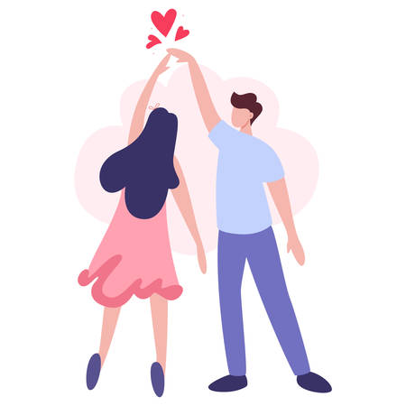Happy couple in love holding hands. Young people on Valentine day. Lover celebrate romantic date. Idea of relationship and love. Isolated vector illustration in cartoon styleのイラスト素材