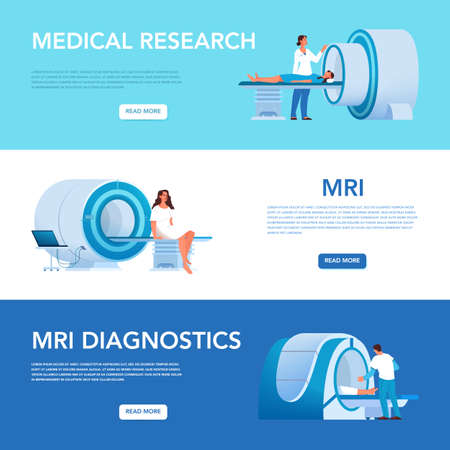 Magnetic resonance imaging advert banner or website header. Medical research and diagnosis. Modern tomographic scanner. MRI skyscraper. Isolated vector illustration in cartoon styleのイラスト素材