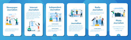 Journalist mobile application banner set. TV reporter with microphone.のイラスト素材