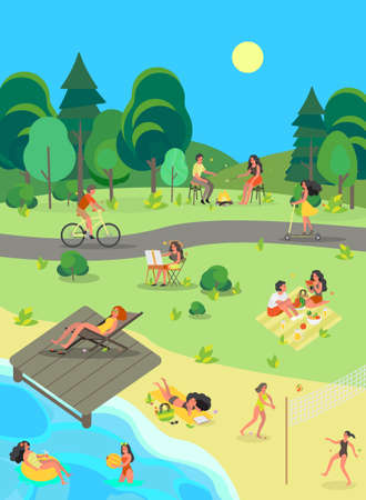 People in the public park. Having fun, doing sportのイラスト素材