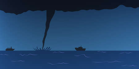 Huge tornado coming from the sea. Hurricane in ocean at night.のイラスト素材