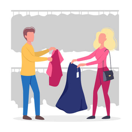 Woman choosing clothes in the clothing store. Big saleのイラスト素材