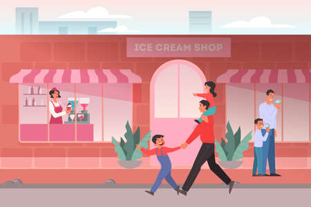 Ice cream shop concept. Family in ice cream shop, cafeteria interior.のイラスト素材