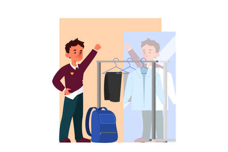 School boy schedule concept. Little boy dressing up to go to school.のイラスト素材