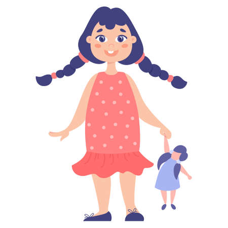 Toddler girl. Baby girl with her doll. Cute kid play with toy.のイラスト素材