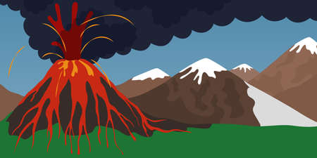 Natural disaster concept. Volcano erupting with spewing lavaのイラスト素材