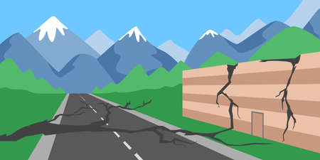 Natural disaster concept. The earthquake destroyed house and road.のイラスト素材