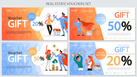 Real estate agency discount voucher set. Idea of house for saleのイラスト素材