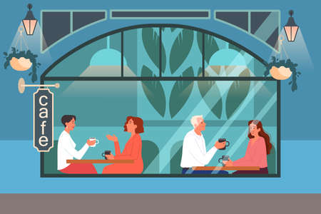 People having lunch in cafe. Female and male characters drink coffee
