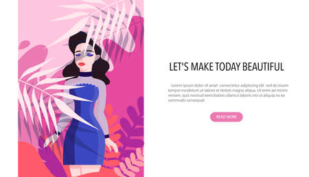 Beauty center web banner concept. Beauty salon offer diffrent procedure. Pretty female character. Concept of professional beauty treatment. Vector illustrationのイラスト素材