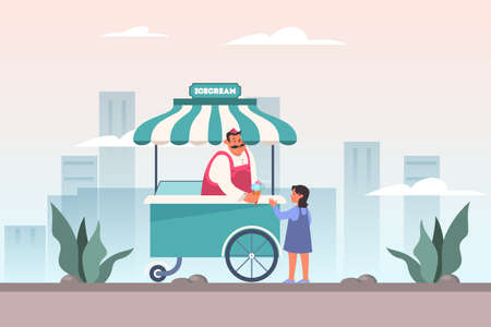 Ice cream shop concept. Girl buy ice cream in mobile ice cream shopのイラスト素材