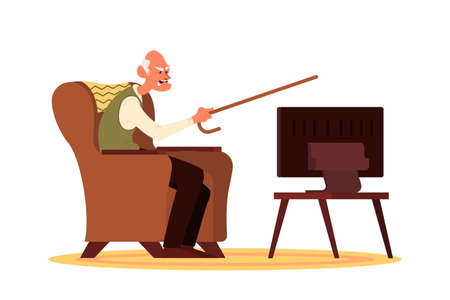 Old man sitting in an armchair and watching TV. Grandfather hitting a tv with his cane. Old people lifestyle concept. Senior man relaxing at home. Vector illustration in cartoon styleのイラスト素材