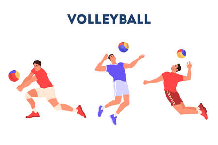 Volleyball player jumping and hitting a ball. Volleyball player training. Athlete set. Championship tournament, team sport concept. Isolated vector illustration in cartoon styleのイラスト素材