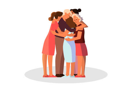 Women group hugging together. Female character support each other.のイラスト素材