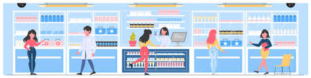 Modern pharmacy interior with visitors. Client order and buyのイラスト素材
