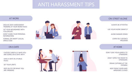Sexual assault and harassment prevention info graphic. Security advisoriesのイラスト素材
