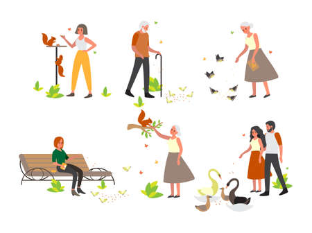 People feeding bird and animal in tha park set. Retired woman and man feed pigeon. People feed squirel and swan in park. Leisure activity. Isolated flat vector illustrationのイラスト素材