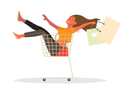Woman shopping. Person with shopping bags on shopping cart.のイラスト素材