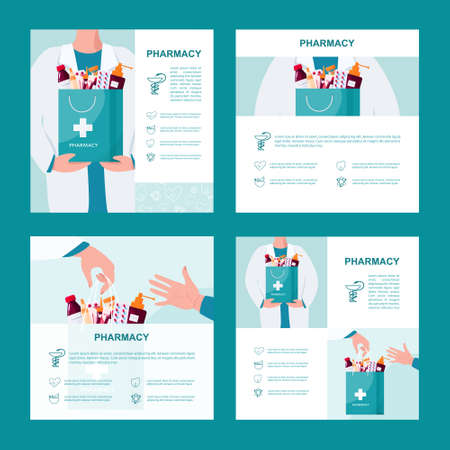 Pharmacy web banner or advert brochure set. Medicine pill for disease treatment and prescription...