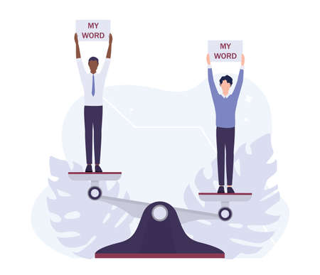 Racism concept. Discrimination and enequal treatment based on race. White man word against Afro-american man word. Vector illustration isolated on white.のイラスト素材