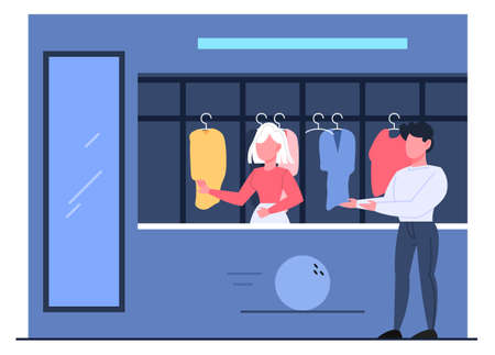 Bowling club interior, visitor in cloakroom. Bowling club cloakroom. Vector illustration in cartoon styleのイラスト素材
