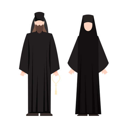 Religion people wearing specific uniform. Male and female religious figure. Christian monk. Flat vector illustrationのイラスト素材