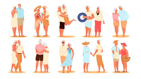 Happy and active seniors spending time on the beach set. Retired couple on their summer vacation. Woman and man on retirement. Vector illustration in cartoon styleのイラスト素材