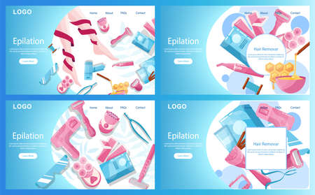Hair removal and epilation landing page or web banner set. Epilation beauty procedure. Idea of body and skin care and beauty. Professional beauty treatment cosmetics. Isolated vector illustrationsのイラスト素材