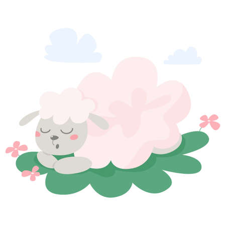 Cute sleeping sheep. Domestic animal with white fur.のイラスト素材
