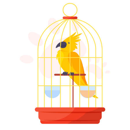 Yellow parrot in a cage. Tropical bird macaw. Exotic wild creatureのイラスト素材