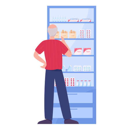 Modern pharmacy shelve. Client choose and buy medicamentsのイラスト素材