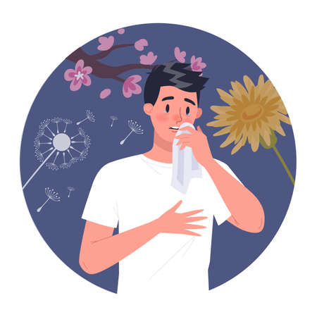 Man with polen allergy. Runny nose and watery eyes. Seasonal disease.のイラスト素材