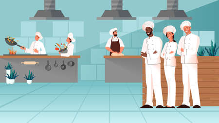 Professional chefs standing together in the restaurant kitchen.のイラスト素材