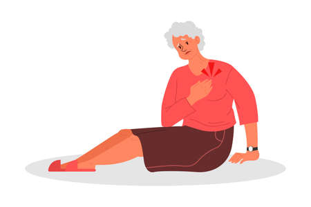 Retired women fell down. Old woman with her arm on her heart.のイラスト素材