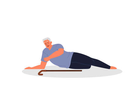 Retired men fell down. Elderly person with cane on the floor.のイラスト素材