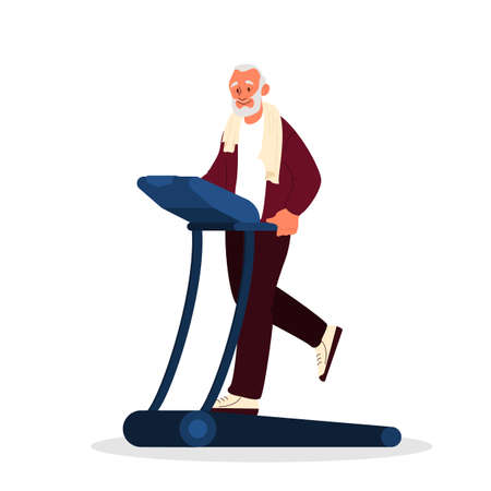 Old man in the gym. Senior training on treadmill. Fitness program for elderly people. Healthy lifestyle concept. Isolated vector illustration in cartoon styleのイラスト素材