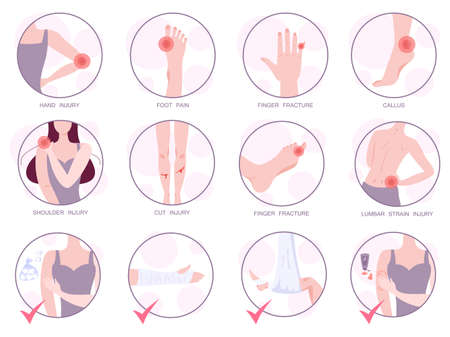 Set of vector illustration of body injury. Collection with different kinds of ache in the human body. Human having a painful damage, trauma. Injury treatments concept.のイラスト素材