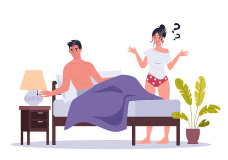Pair of man and woman lying turned away in bed. Concept of sexualのイラスト素材