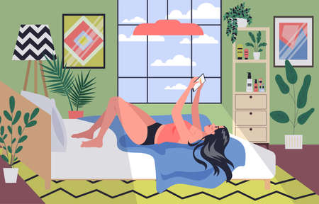 Smartphone addiction concept illustration. Young woman spend timeのイラスト素材