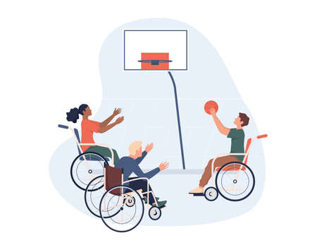 Joyful disabled people in wheelchair playing basketball.のイラスト素材